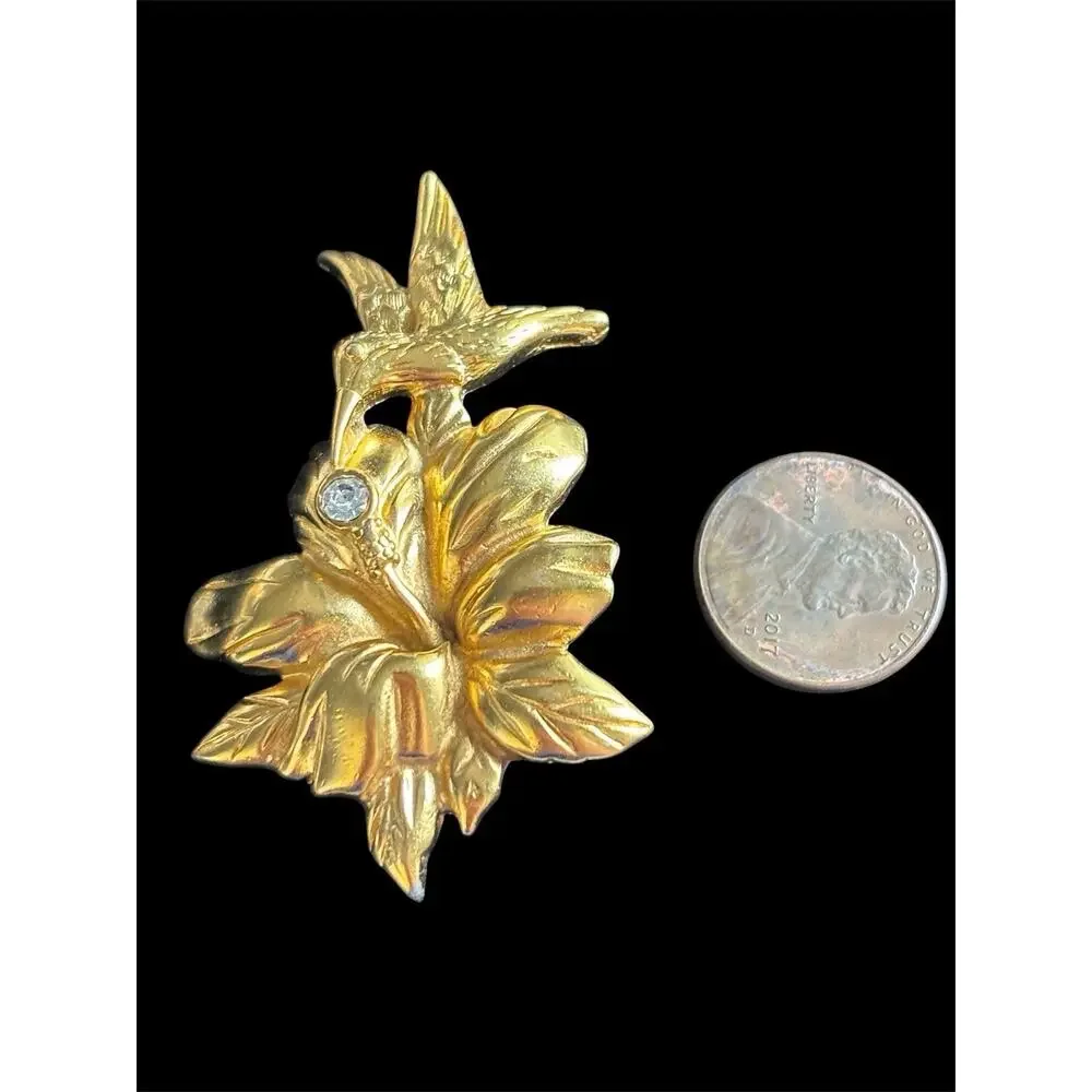 Monet Matte Gold Tone Hummingbird Flower Brooch Rhinestone Vintage Pin Signed